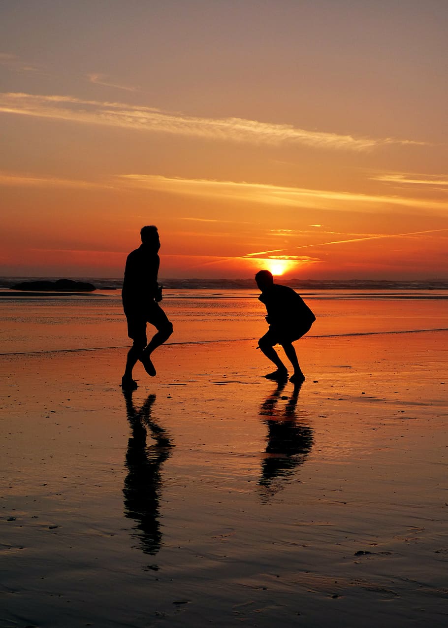 sunset, happy, dance, beach, ocean, kalaloch, silhouette, men, HD wallpaper