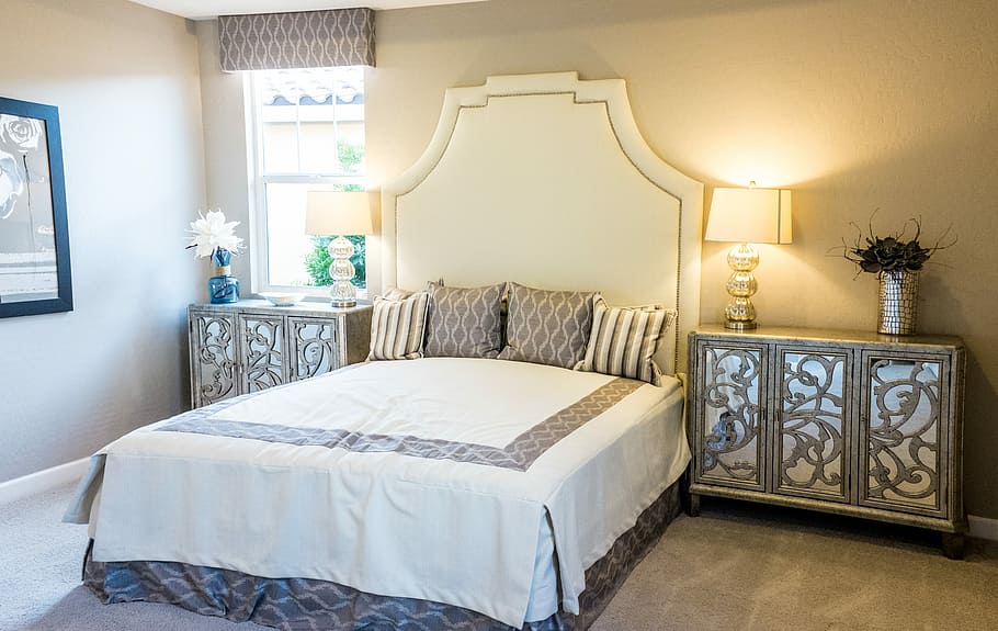 white and grey bedroom interior, white wooden bed between brown wooden nightstands, HD wallpaper