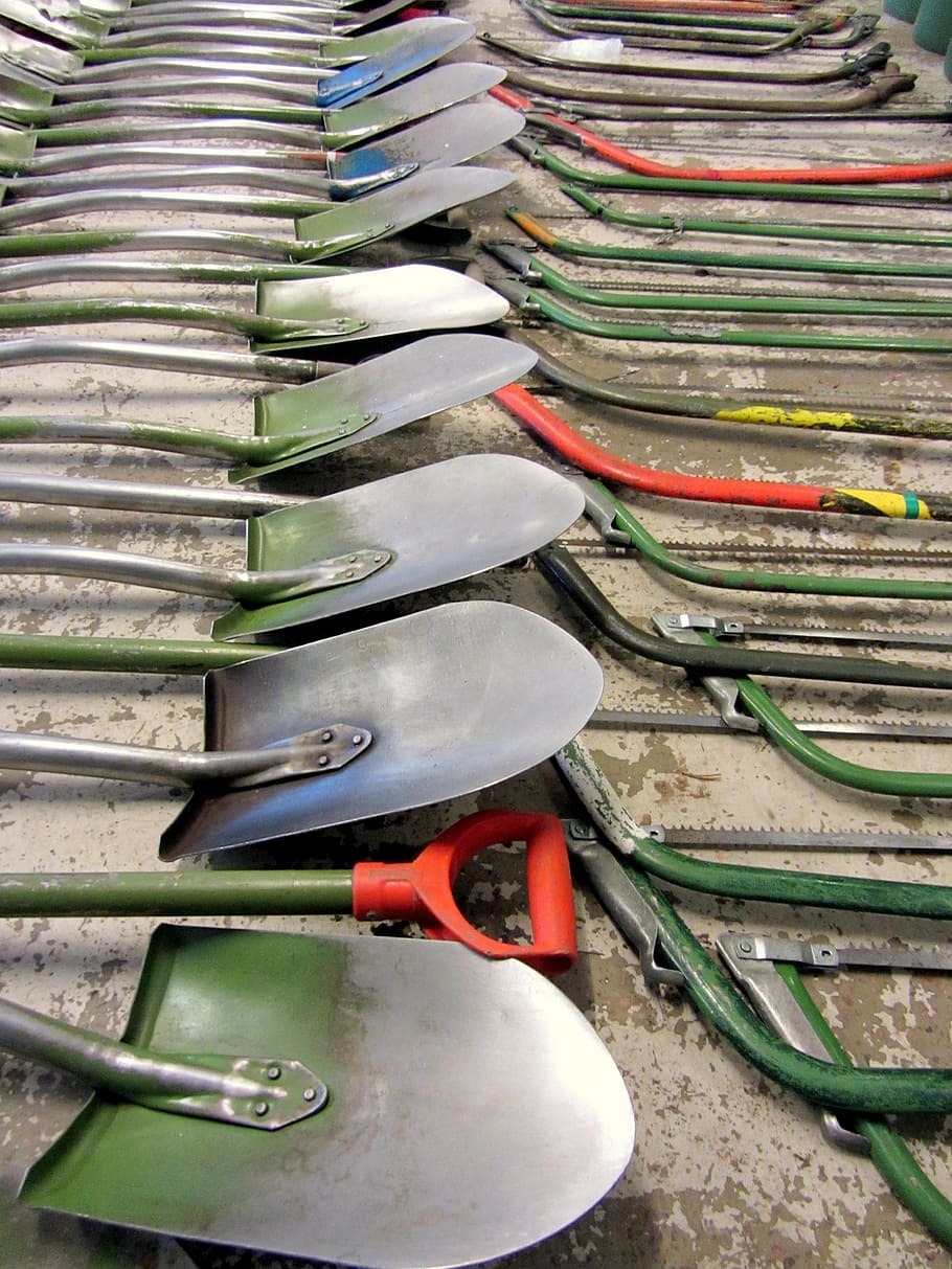 shovel, saw, tool, no people, stack, metal, day, high angle view HD wallpaper
