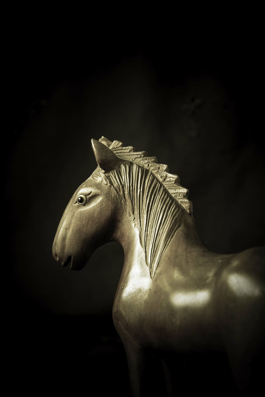 grey horse figurine, troy, wooden, monochrome, moody, legend, HD wallpaper