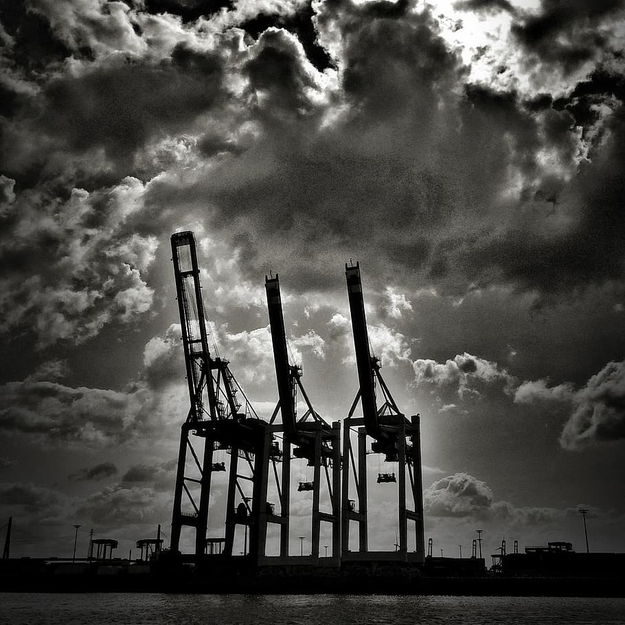 silhouette of three container crane, hamburger, port, germany HD wallpaper