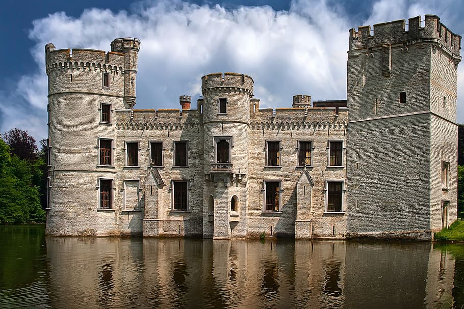 castle, pond, reflection, water, building, architecture, estate HD wallpaper