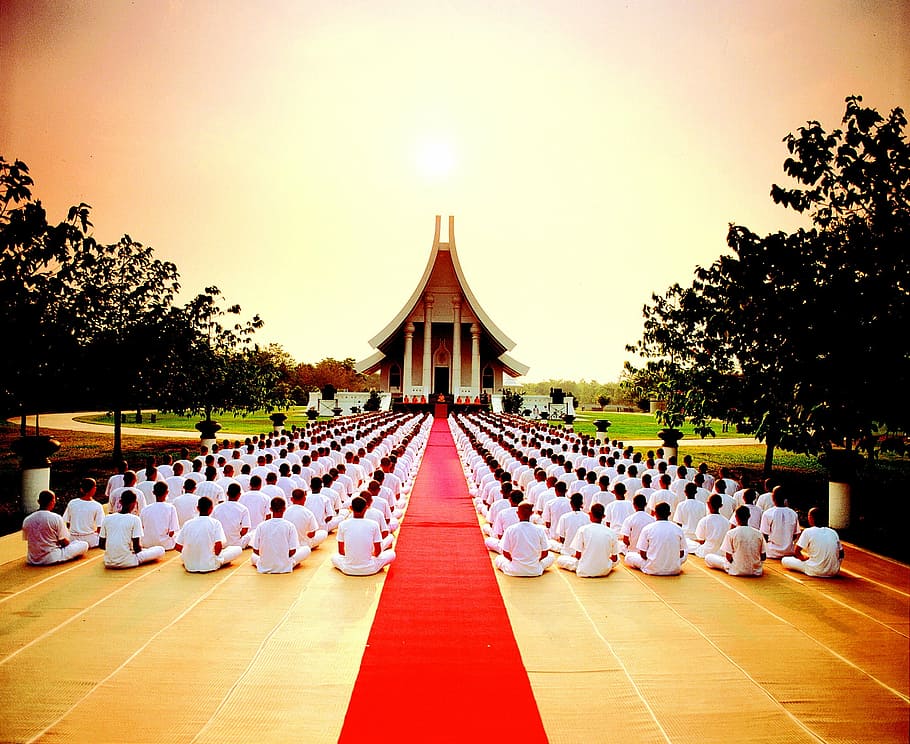 people sits on ground front of temple at sunset, buddhism, buddhists, HD wallpaper