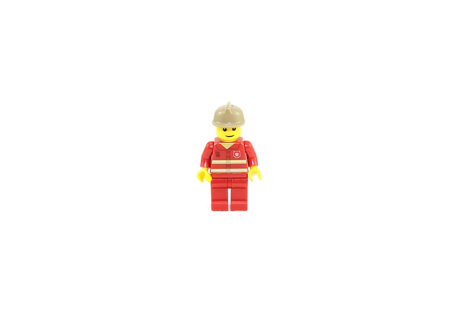 fire fighter mini figure on white background, Fireman, Lego HD wallpaper