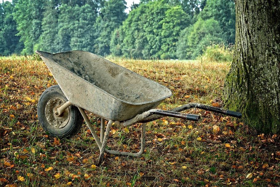 gray wheelbarrow near tree, Sliding, Work, Craft, sliding barrow, HD wallpaper