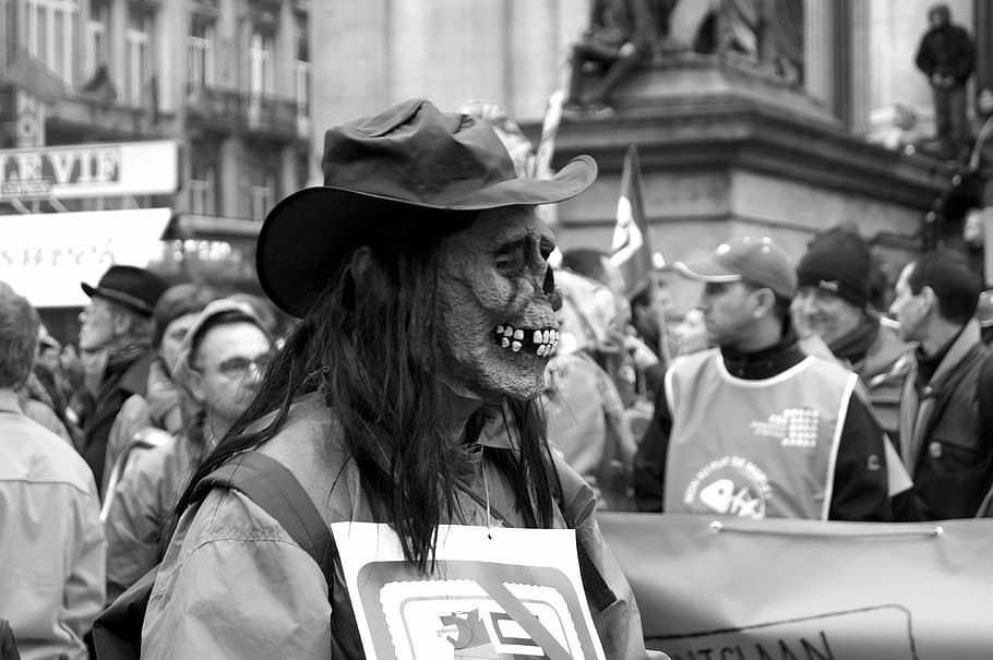 event, skull, mask, crowd, people, flag, hat, clothing, real people HD wallpaper