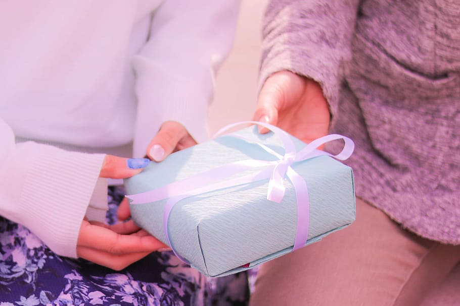 two Person holding a blue gift box, women, people, females, human Hand HD wallpaper