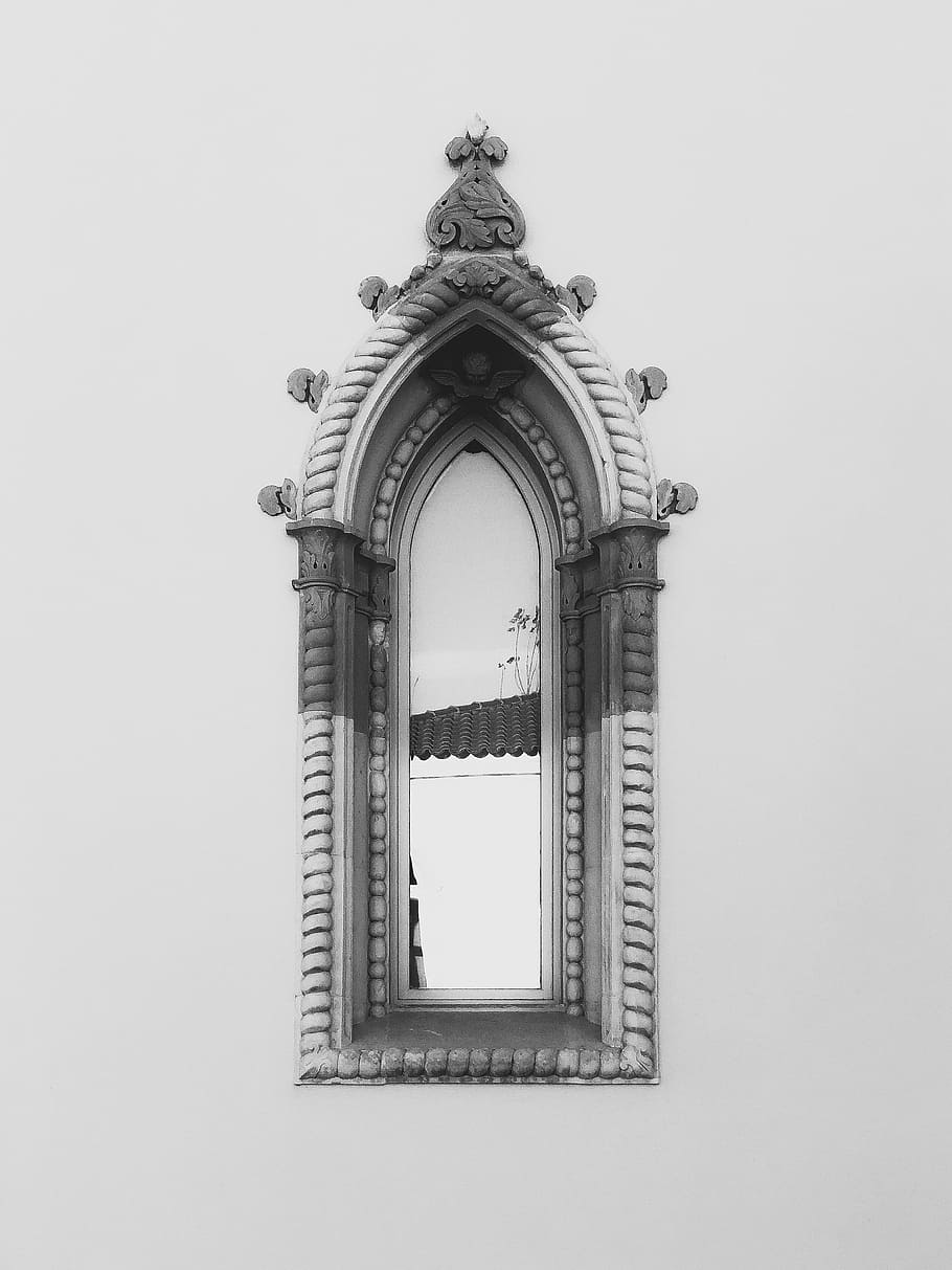 gray concrete window, gray and white ornate window, building HD wallpaper