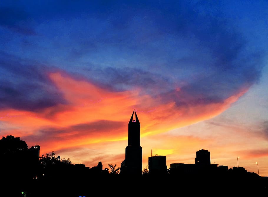 sunset, city, profile, built structure, sky, architecture, building exterior HD wallpaper