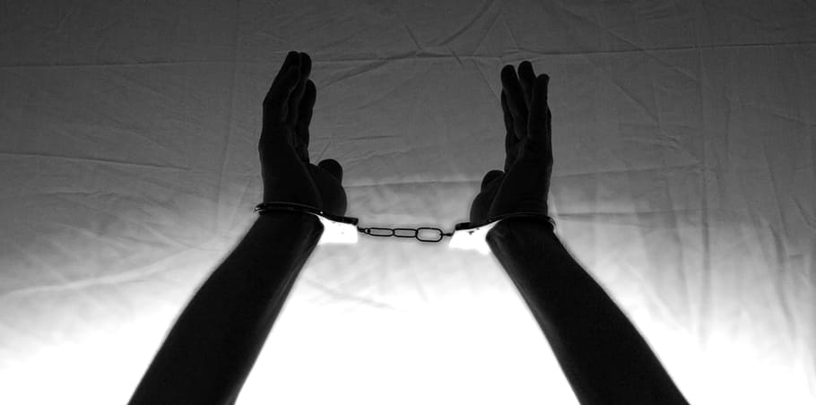 person's hand with handcuffs, hands, tied up, bondage, hands up