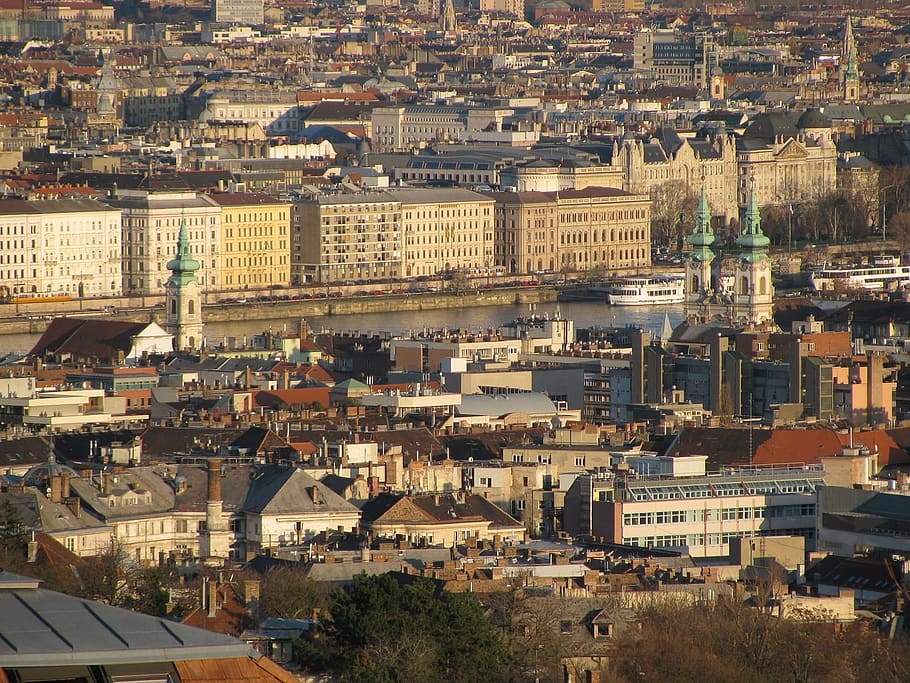 Budapest, Spring, Panorama, 2013, late afternoon sunshine, bell towers HD wallpaper