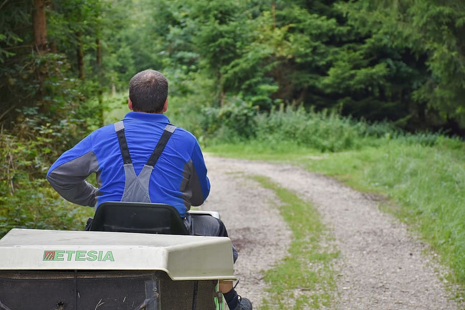 man riding ride-on mower, workers, lawn mower, machine, motor HD wallpaper