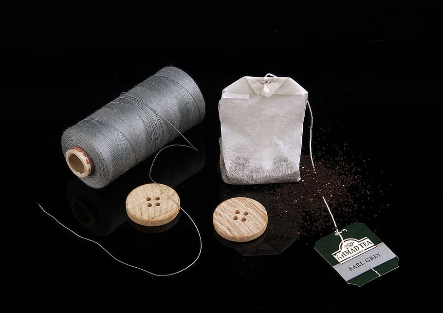 Thread, Button, Tea, Still Life, black background, studio shot HD wallpaper