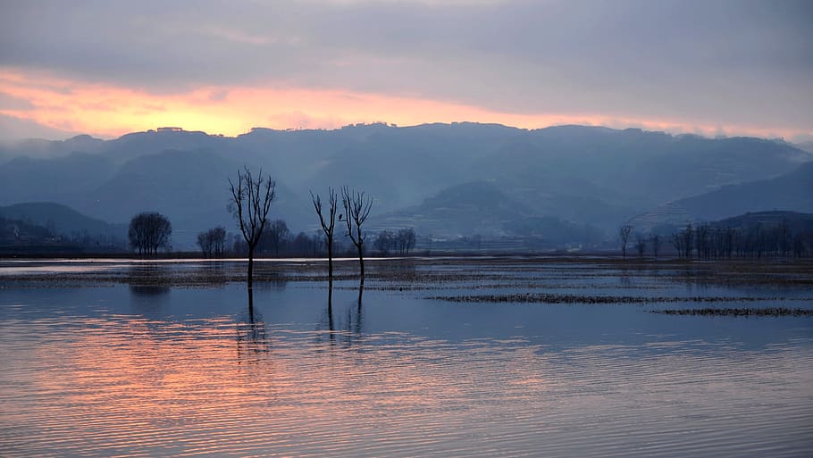 hills, twilight, sunset, water, beauty in nature, sky, scenics - nature HD wallpaper