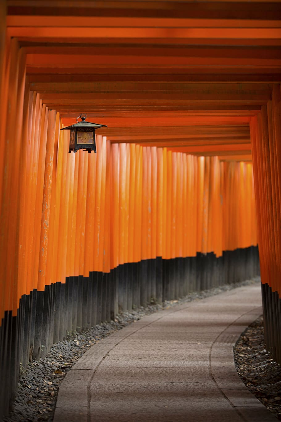 pathway surrounded bay orange post with lantern, architecture HD wallpaper