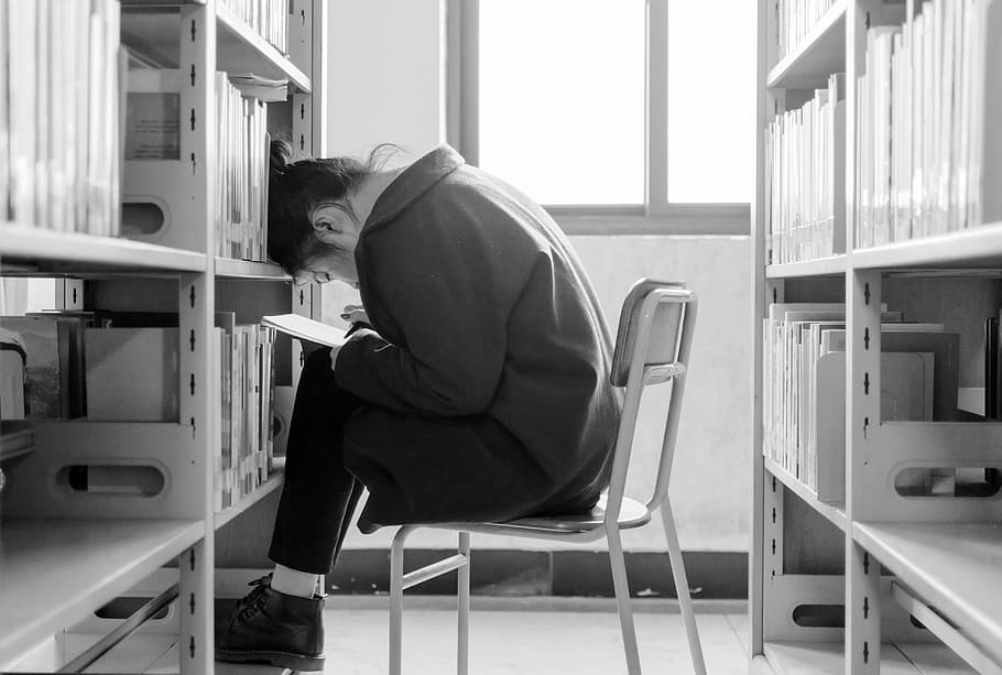 greyscale photo of woman writing and sitting on writing chair in library HD wallpaper