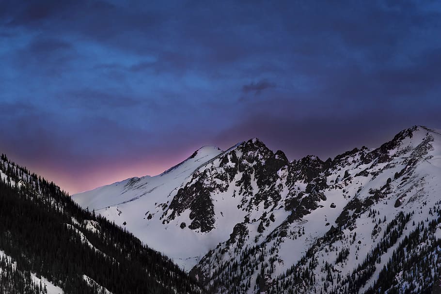 snow capped mountains at dusk, winter, white, cold, weather HD wallpaper