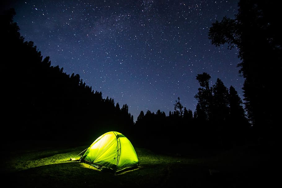 dark, night, blue, sky, stars, galaxy, light, tent, camping HD wallpaper