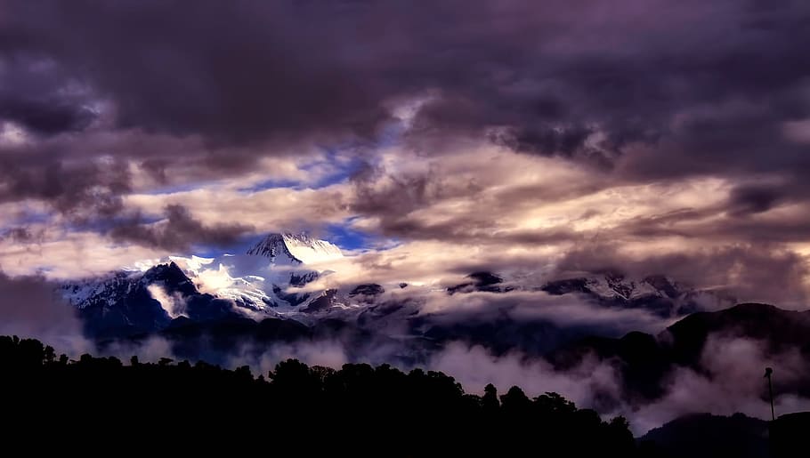snowy mountain under white clouds, panorama, nepal, mountains HD wallpaper