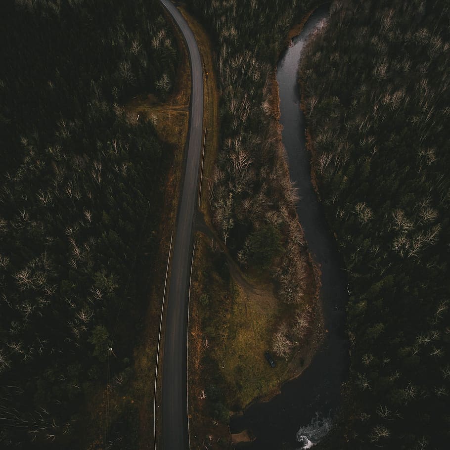 aerial photo of concrete road near river, aerial view, tree HD wallpaper