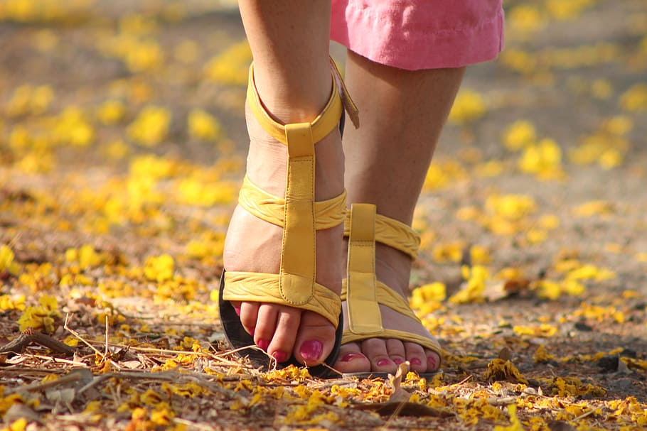 person holding pair of yellow sandals, feet, lady, walking, sandles, HD wallpaper