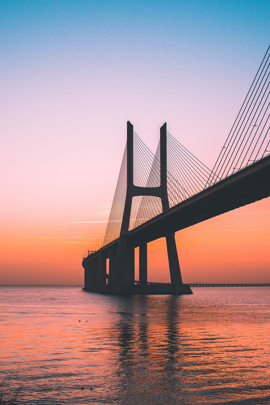 silhouette of bridge under clear sky, black concrete suspension bridge photo HD wallpaper