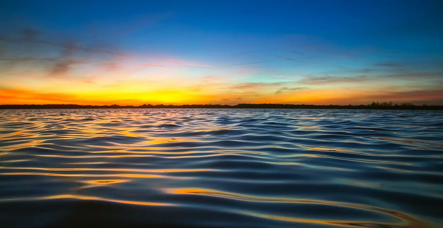 photo of body of water during golden hour, panorama, lake, sunset HD wallpaper