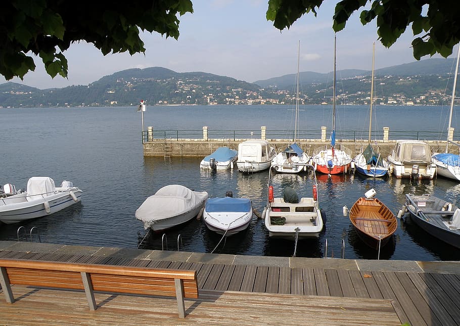 italy, mountains, sky, clouds, harbor, bay, water, boats, pier HD wallpaper