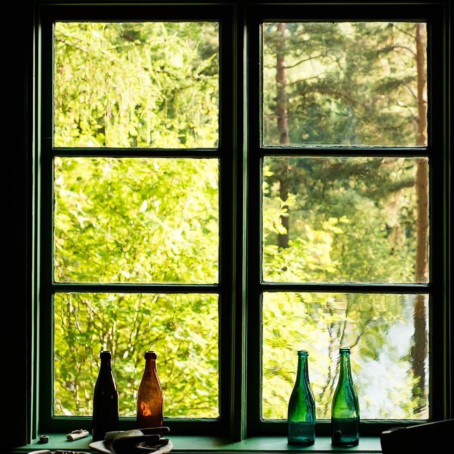 HD wallpaper: four glass bottles near the window, bottle beside window