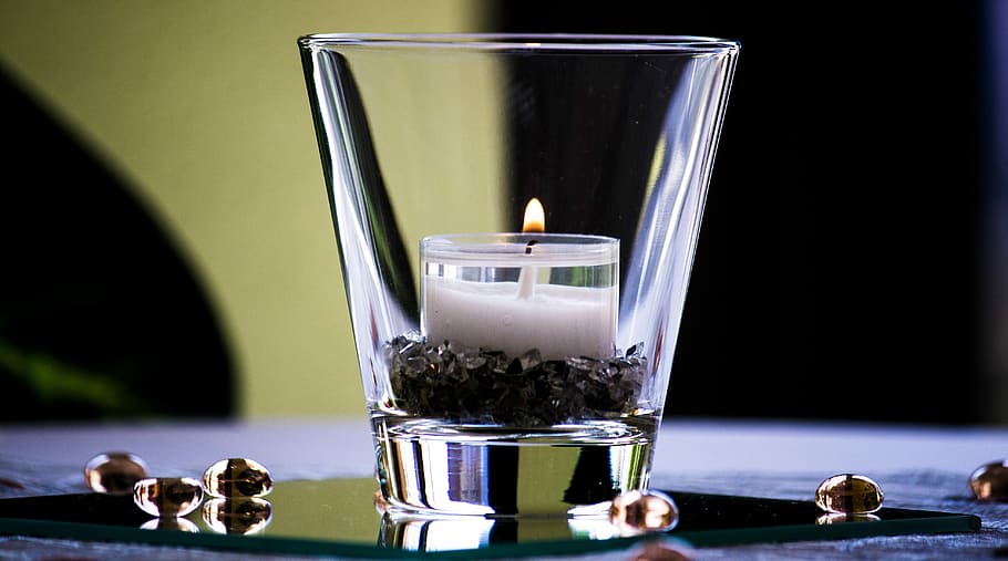 clear shot glass with white candle inside, reflection, tealight HD wallpaper