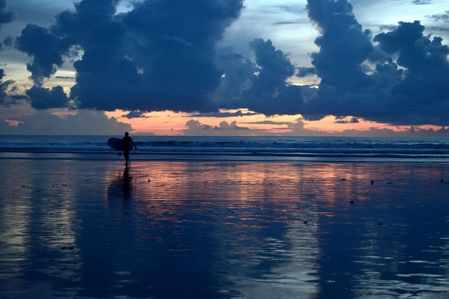 sunset beach, bali, surfing, sky, water, cloud - sky, sea, beauty in nature HD wallpaper