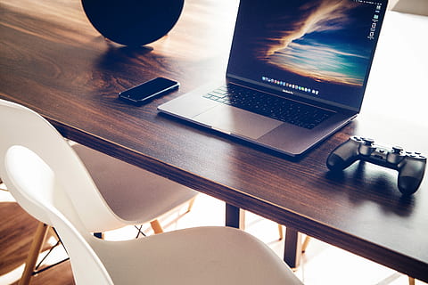 turned on MacBook Pro, MacBook Pro on brown wooden desk, apple HD wallpaper