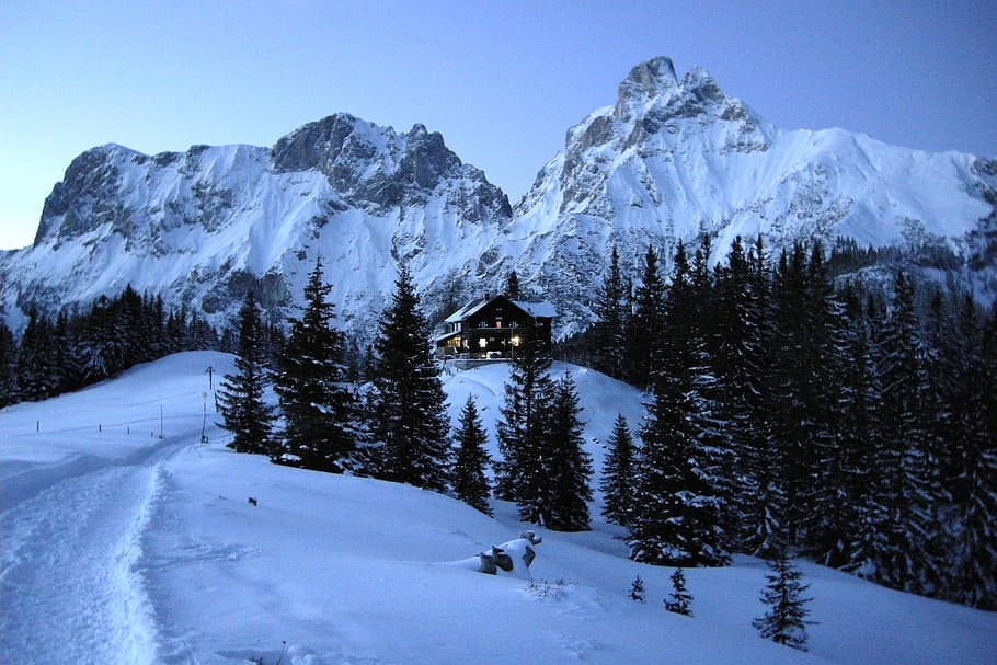 mountains, alpine, evening, cold, wintry, december, hut, snow HD wallpaper