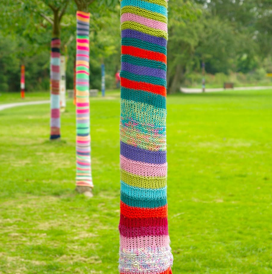 art, trees, knitting, trunks, lawn, outdoors, multi Colored HD wallpaper