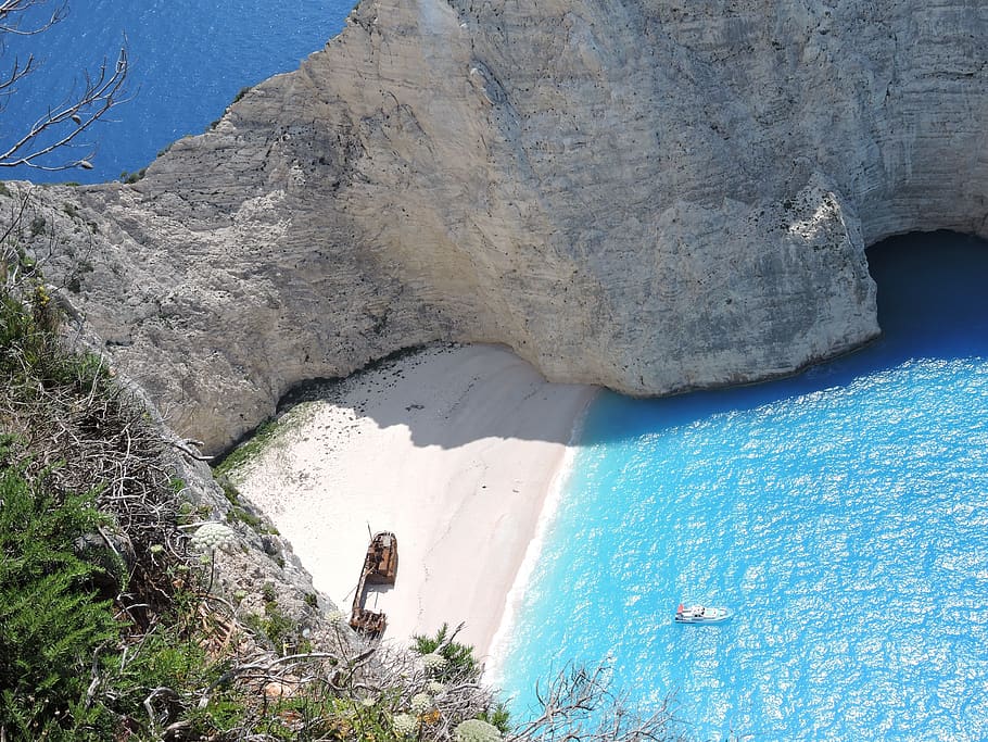 zakinthos, shipwreck beach, water, day, land, real people, nature HD wallpaper