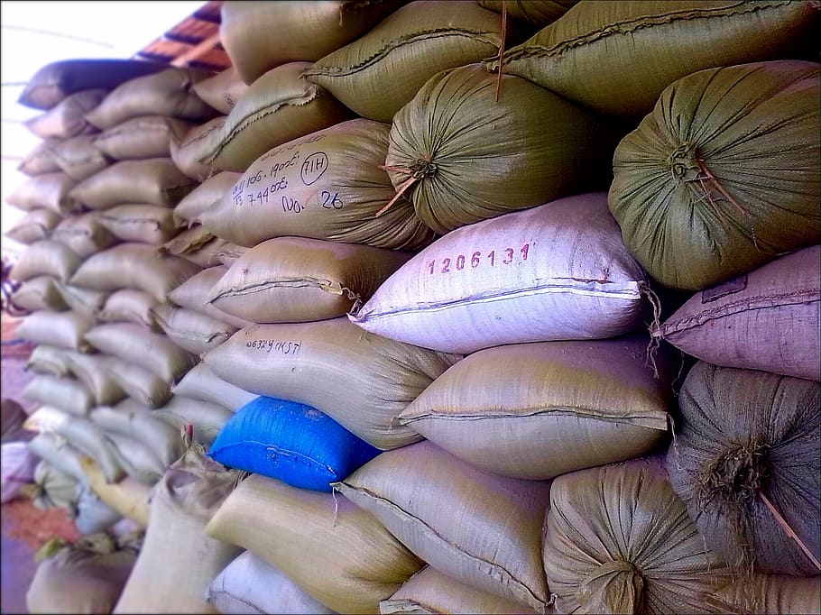 rice sacks, storage, grain, food, white, raw, dry, ingredient, HD wallpaper