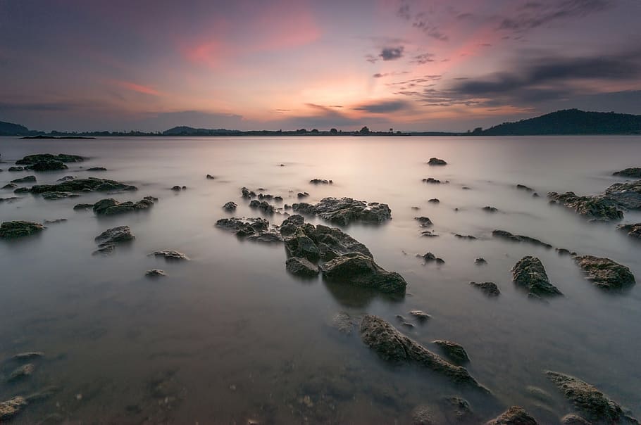 beach, dawn, dusk, island, ocean, outdoors, pink, reflection HD wallpaper