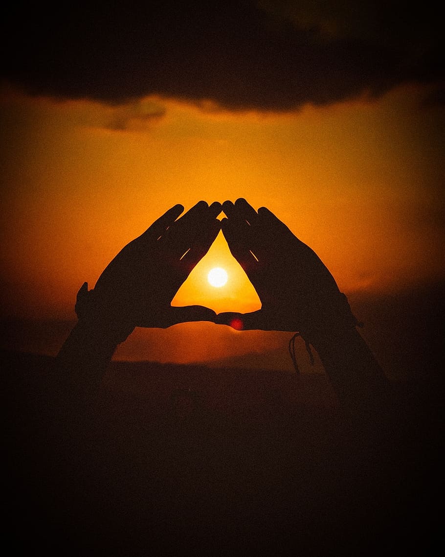 dark, orange, sky, hand, bracelet, triangle, palm, silhouette HD wallpaper