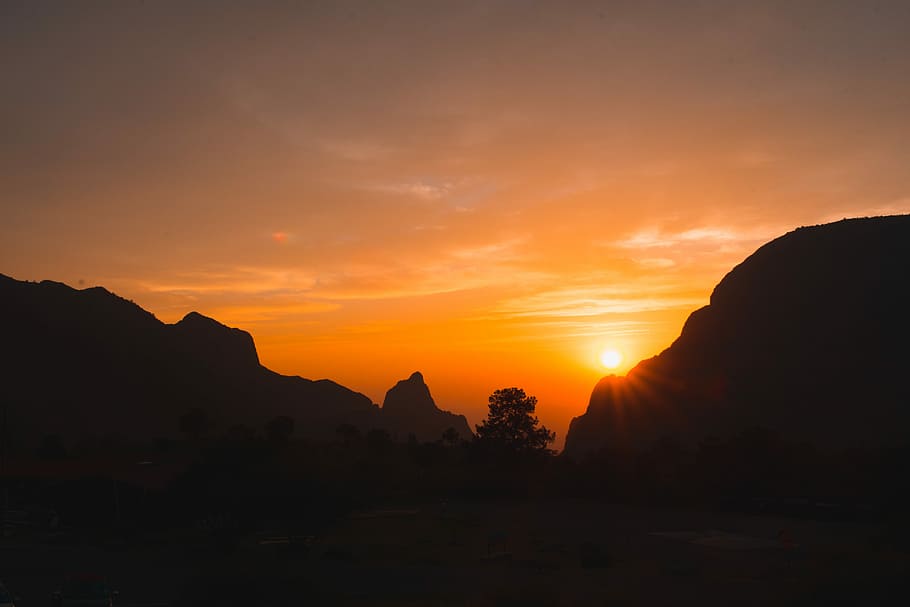 silhouette of trees near body of water, silhouette of mountain during sunrise HD wallpaper