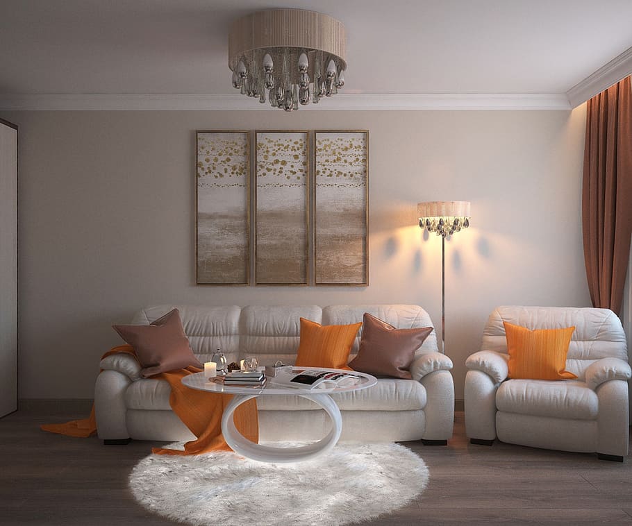 turned floor lamp between sofa, interior design, lounge, search interior solutions HD wallpaper