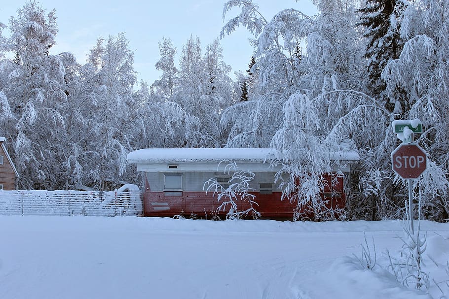 alaska, snow, trailer, winter, cold, ice, cold temperature HD wallpaper