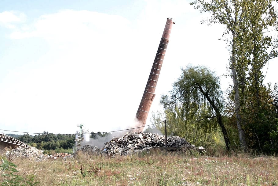 blowing up, chimney, fall, dust, plant, tree, sky, day, land HD wallpaper