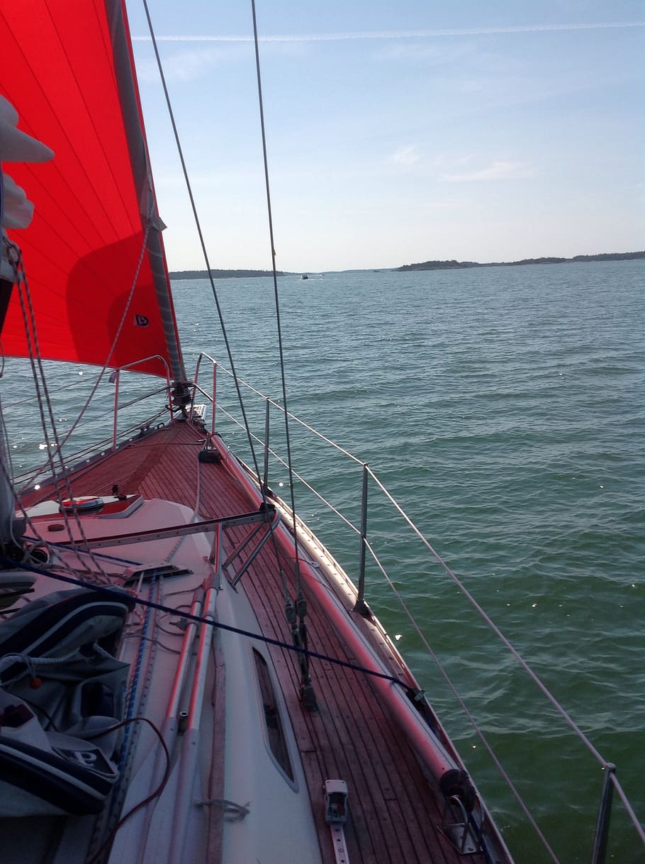 sailboat, sea, archipelago, water, red, nature, transportation HD wallpaper