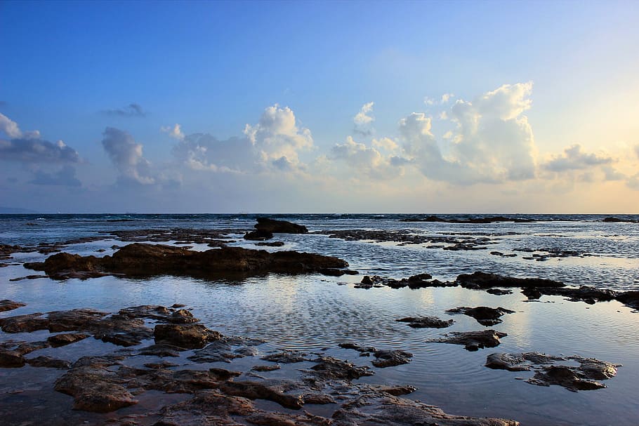 beach, dawn, dusk, landscape, ocean, ripple, rocks, sea, seascape HD wallpaper