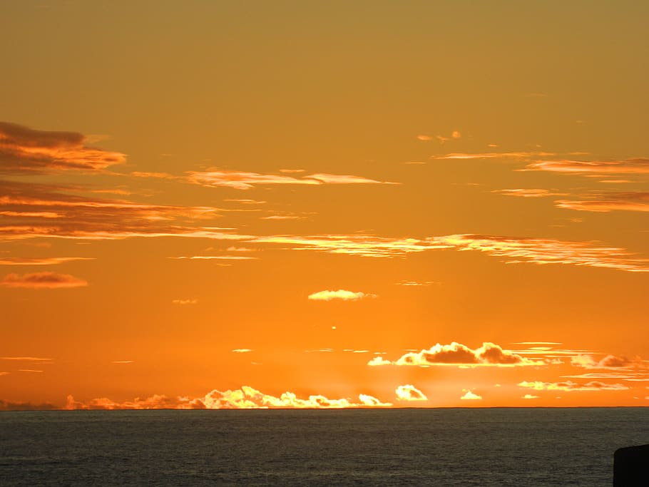 sunset, rapa nui, horizon, landscape, clouds, sky, orange, ocean, HD wallpaper