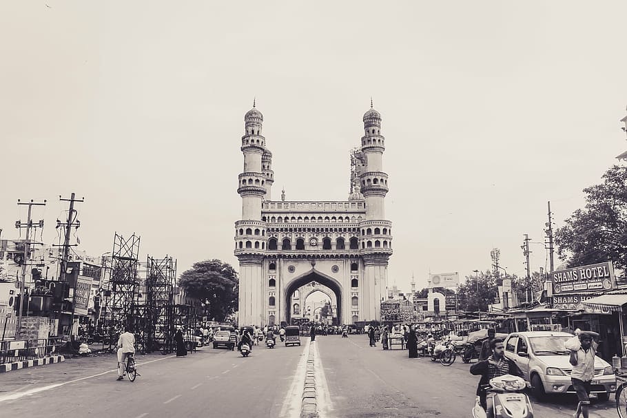 grayscale photo of city, charminar, monument, india, travel, hyderabad, HD wallpaper