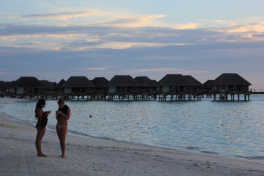 beach, sunset, maldives, water, sky, real people, architecture HD wallpaper