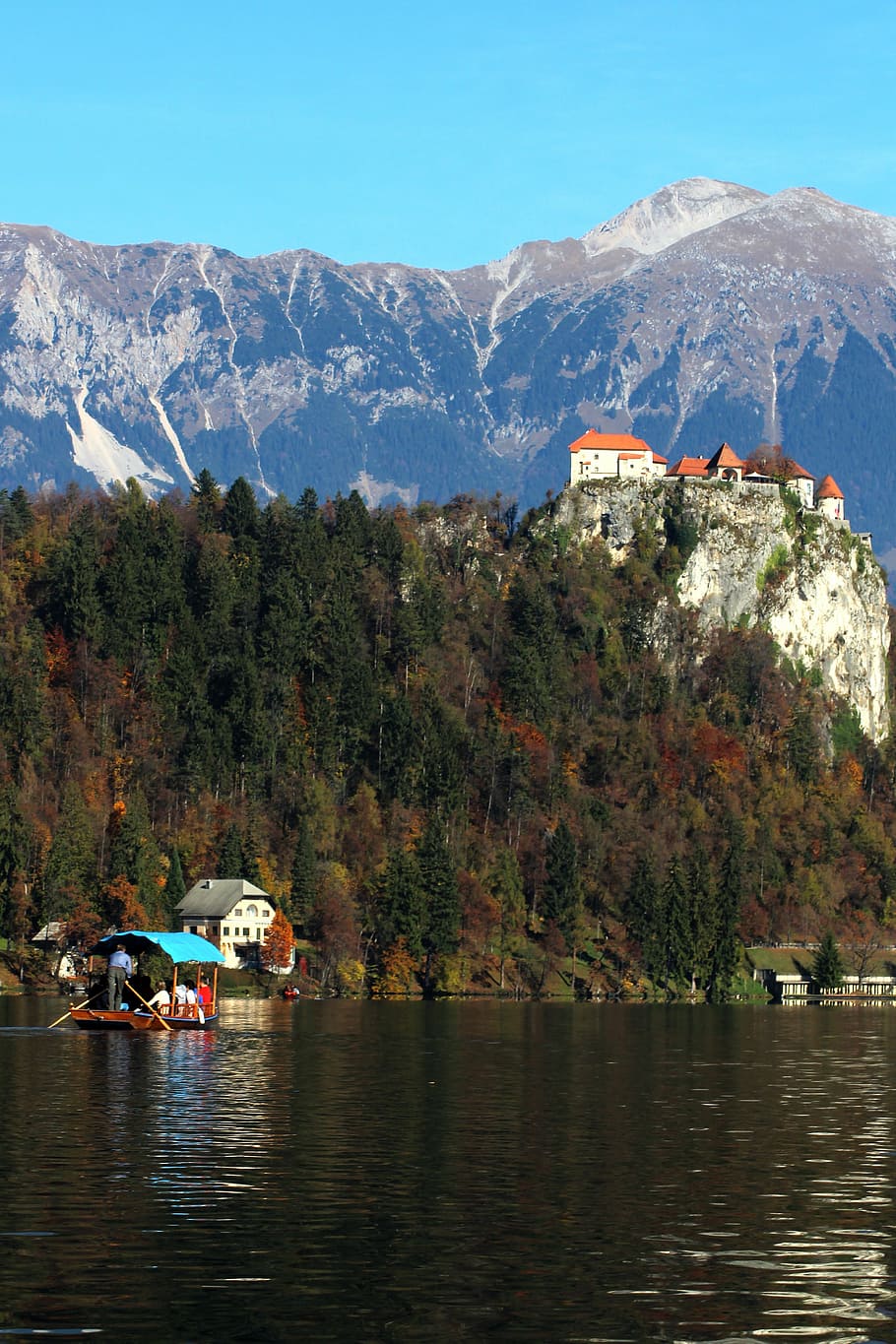 bled, pletna, scenery, castle, mountain, landscape, water, tree HD wallpaper