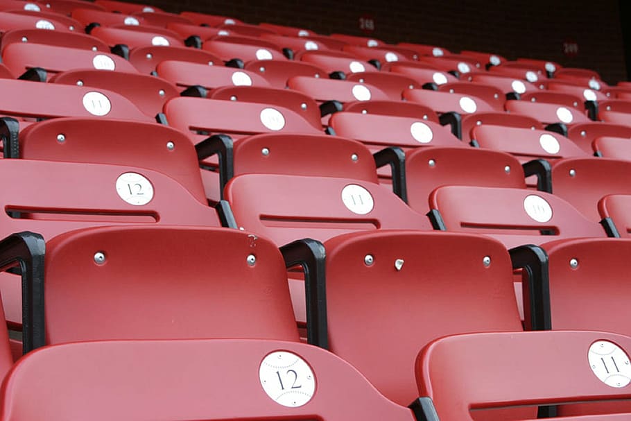 stadium seating, seats, arena, sports, red, game, event, empty HD wallpaper