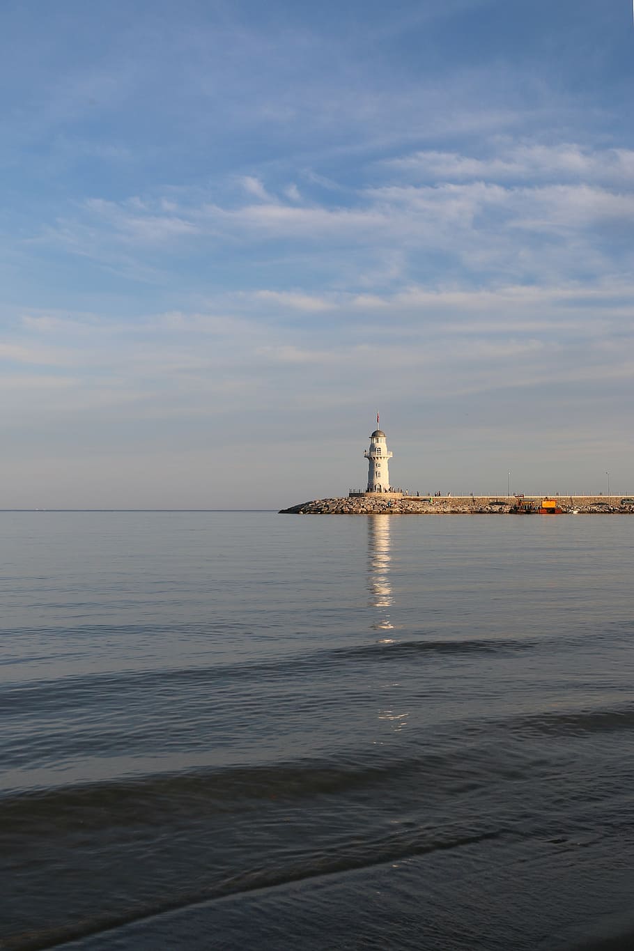 lantern, lighthouse, landscape, blue, sunset, sky, clouds, port HD wallpaper